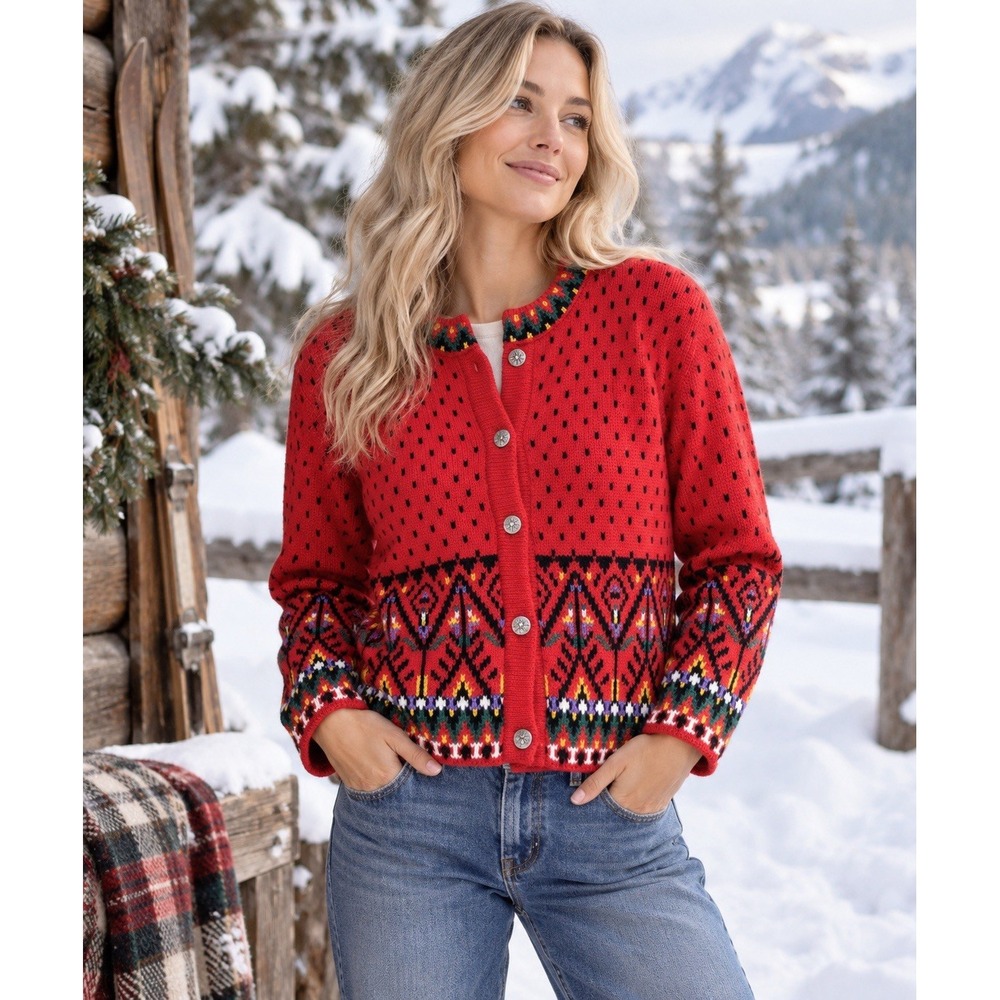 VTG Dale Of Norway Red Wool Scandinavian Fair Isle Pattern Cardigan Sweater S